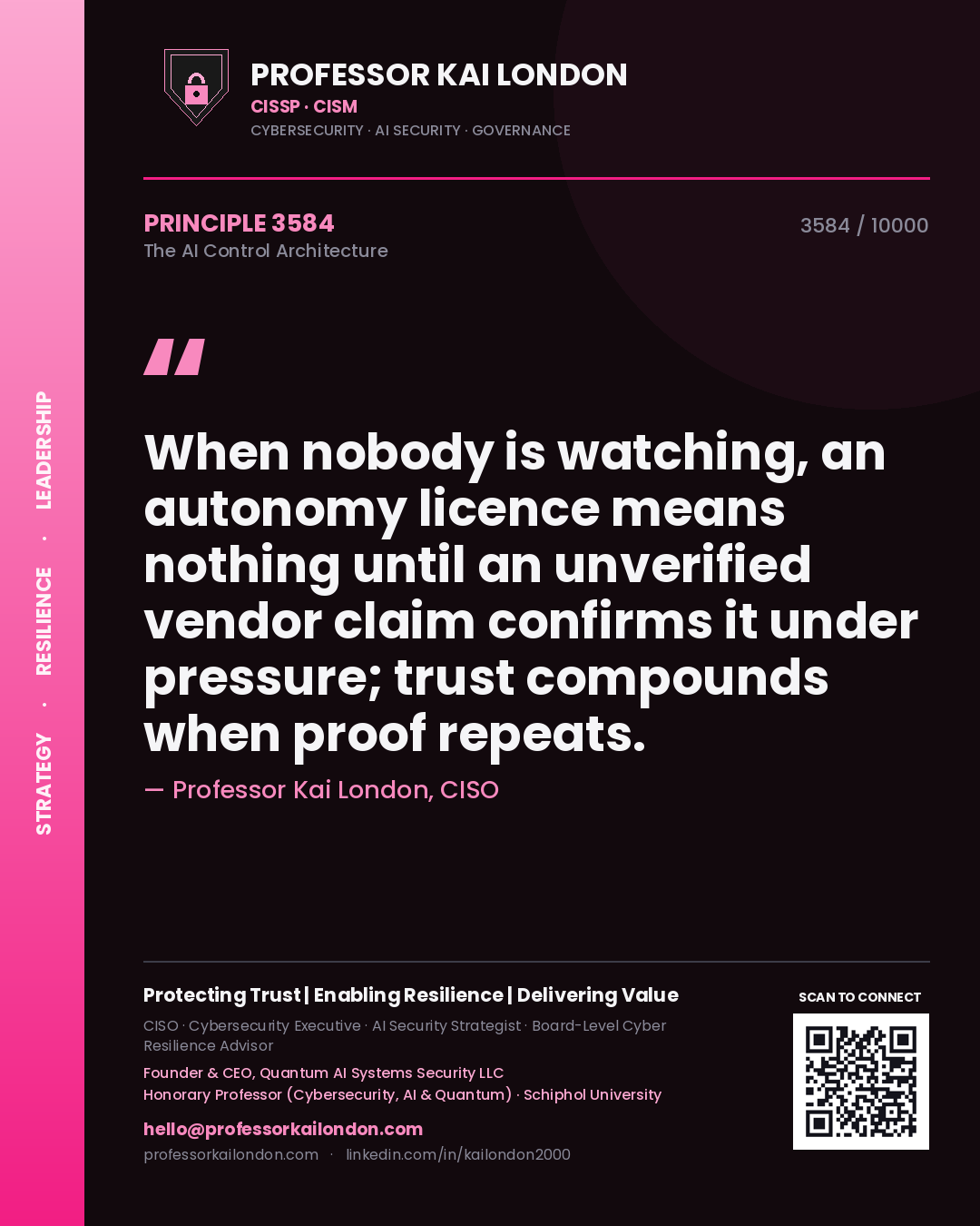Professor Kai London principle 3584: When nobody is watching, an autonomy licence means nothing until an unverified vendor claim confirms it under pressure; trust compounds when proof repeats.
