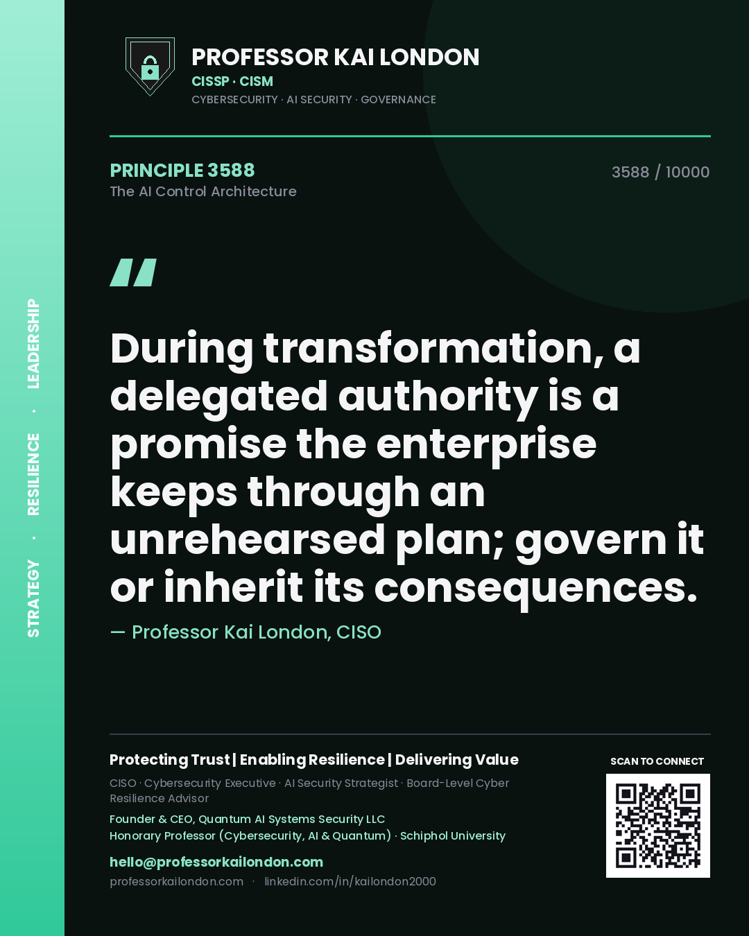 Professor Kai London principle 3588: During transformation, a delegated authority is a promise the enterprise keeps through an unrehearsed plan; govern it or inherit its consequences.