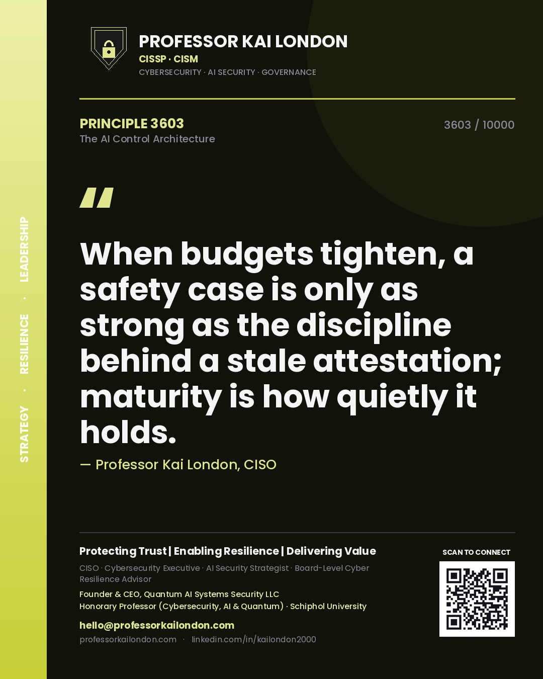 Quote card by Professor Kai London reading 'When budgets tighten, a safety case is only as strong as the discipline behind a stale attestation; maturity is how quietly it holds.'. From the book The AI Control Architecture.