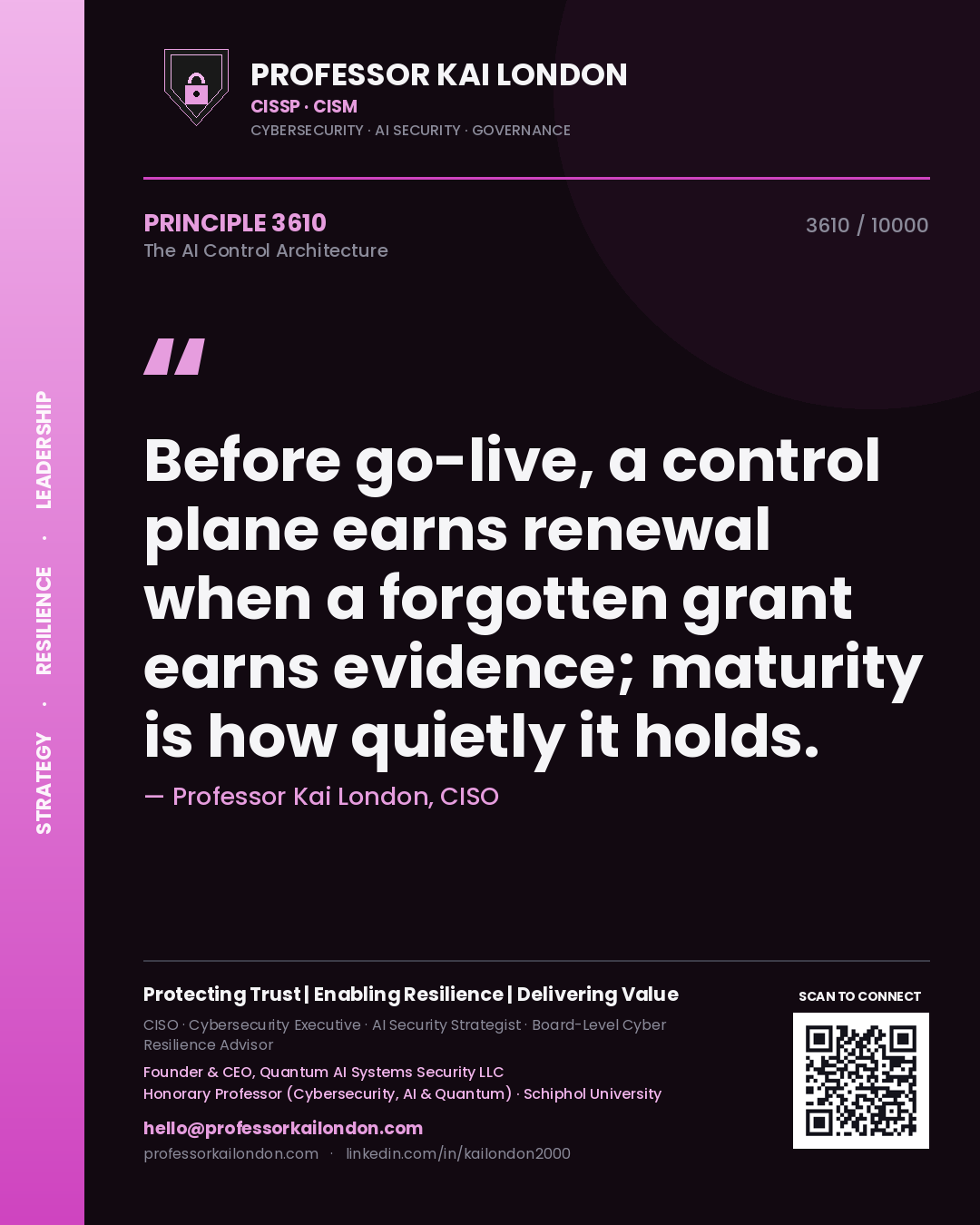 Professor Kai London principle 3610: Before go-live, a control plane earns renewal when a forgotten grant earns evidence; maturity is how quietly it holds.