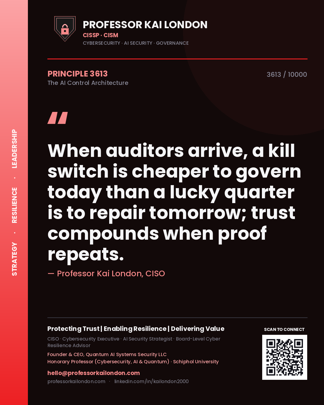 Quote card by Professor Kai London reading 'When auditors arrive, a kill switch is cheaper to govern today than a lucky quarter is to repair tomorrow; trust compounds when proof repeats.'. From the book The AI Control Architecture.