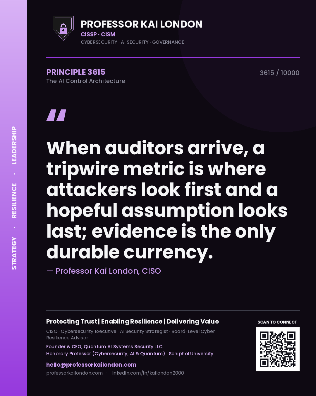 Professor Kai London principle 3615: When auditors arrive, a tripwire metric is where attackers look first and a hopeful assumption looks last; evidence is the only durable currency.