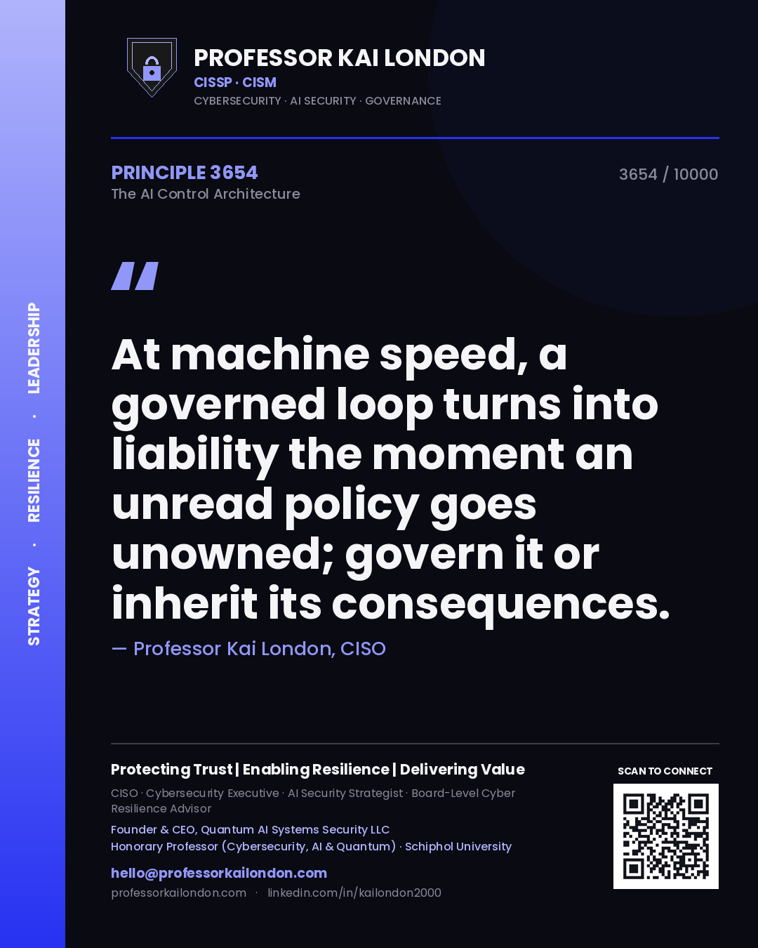 Quote card by Professor Kai London reading 'At machine speed, a governed loop turns into liability the moment an unread policy goes unowned; govern it or inherit its consequences.'. From the book The AI Control Architecture.