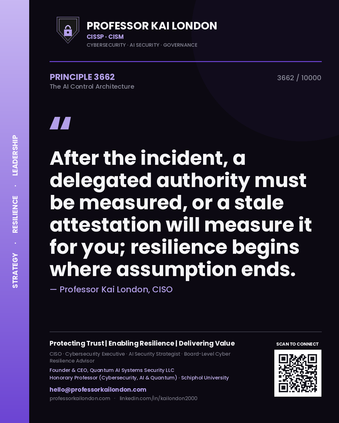 Professor Kai London principle 3662: After the incident, a delegated authority must be measured, or a stale attestation will measure it for you; resilience begins where assumption ends.