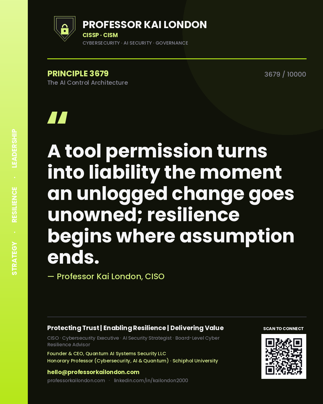 Professor Kai London principle 3679: A tool permission turns into liability the moment an unlogged change goes unowned; resilience begins where assumption ends.