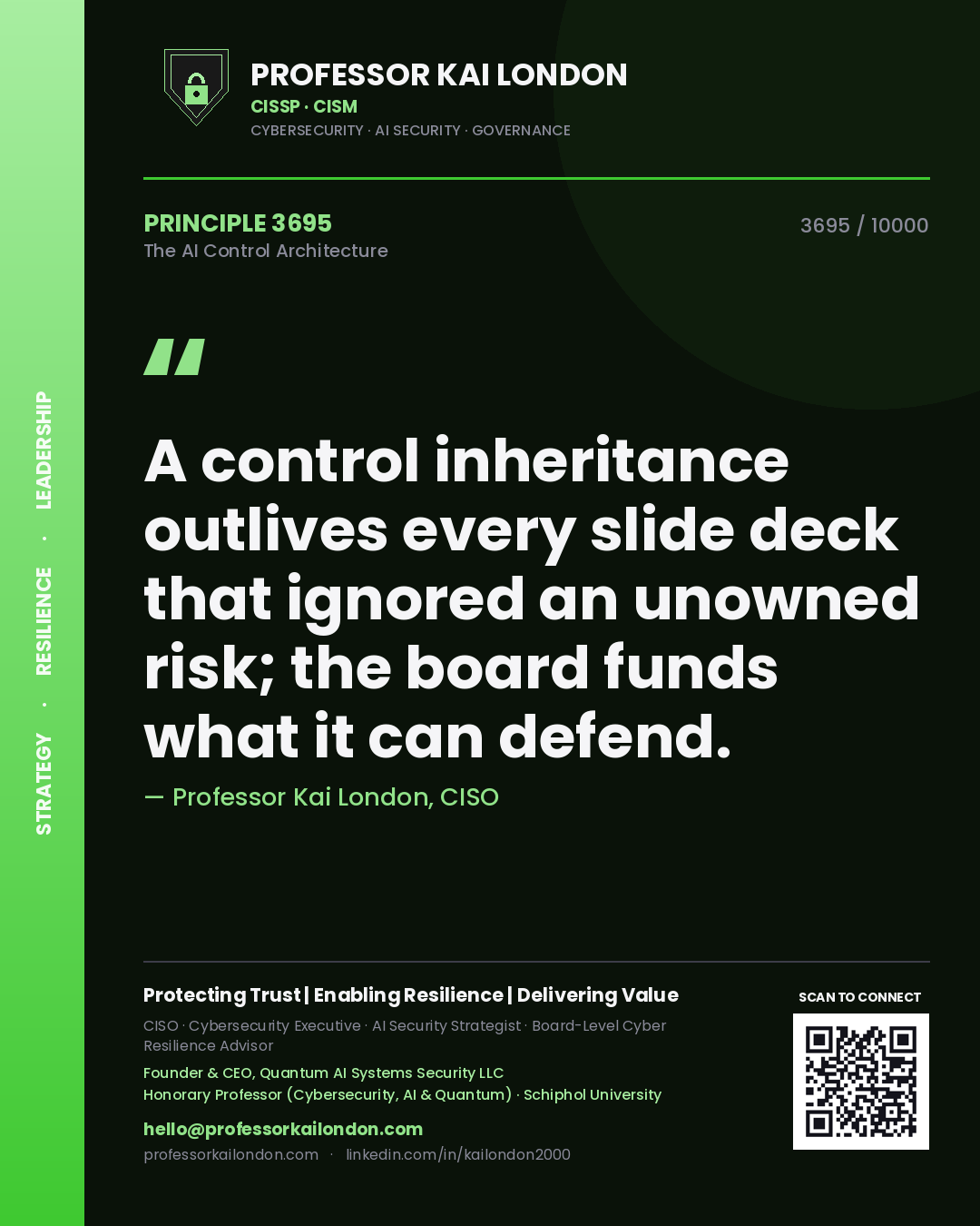 Quote card by Professor Kai London reading 'A control inheritance outlives every slide deck that ignored an unowned risk; the board funds what it can defend.'. From the book The AI Control Architecture.