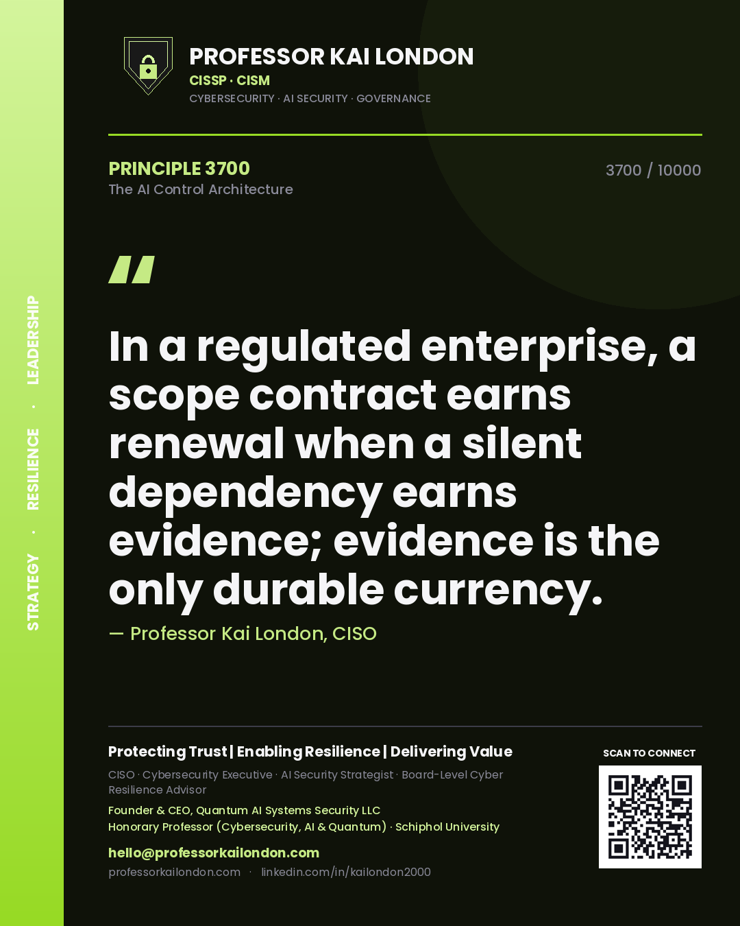 Quote card by Professor Kai London reading 'In a regulated enterprise, a scope contract earns renewal when a silent dependency earns evidence; evidence is the only durable currency.'. From the book The AI Control Architecture.