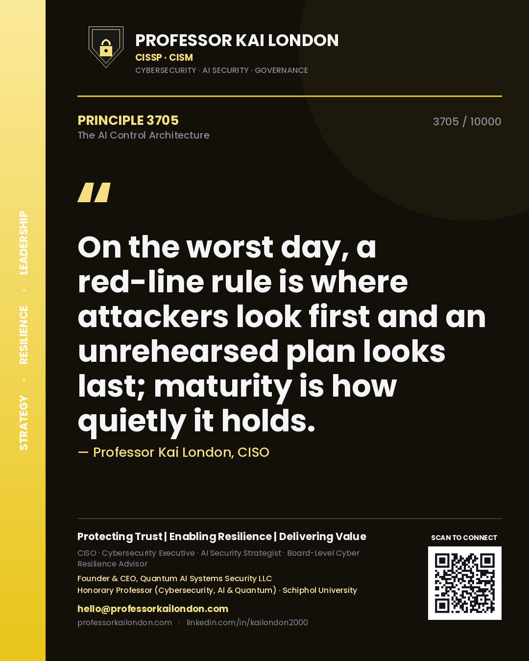 Professor Kai London principle 3705: On the worst day, a red-line rule is where attackers look first and an unrehearsed plan looks last; maturity is how quietly it holds.