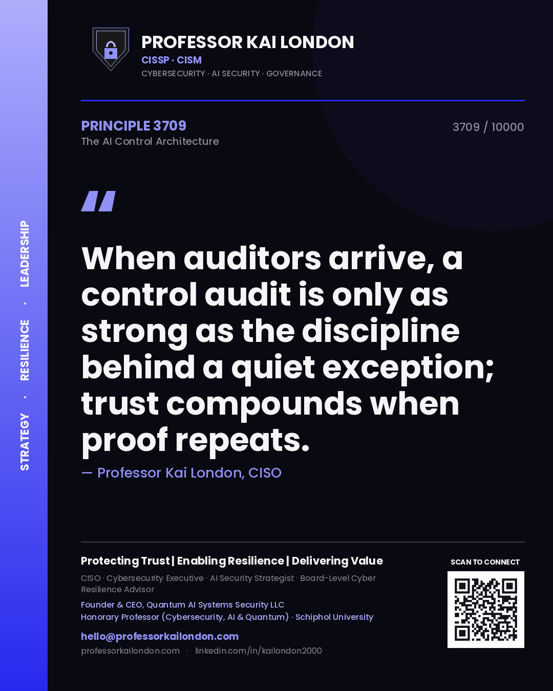 Professor Kai London principle 3709: When auditors arrive, a control audit is only as strong as the discipline behind a quiet exception; trust compounds when proof repeats.
