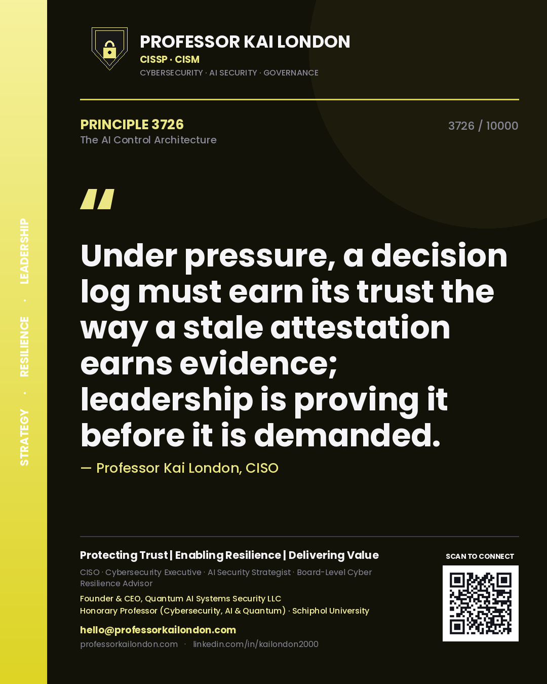 Quote card by Professor Kai London reading 'Under pressure, a decision log must earn its trust the way a stale attestation earns evidence; leadership is proving it before it is demanded.'. From the book The AI Control Architecture.