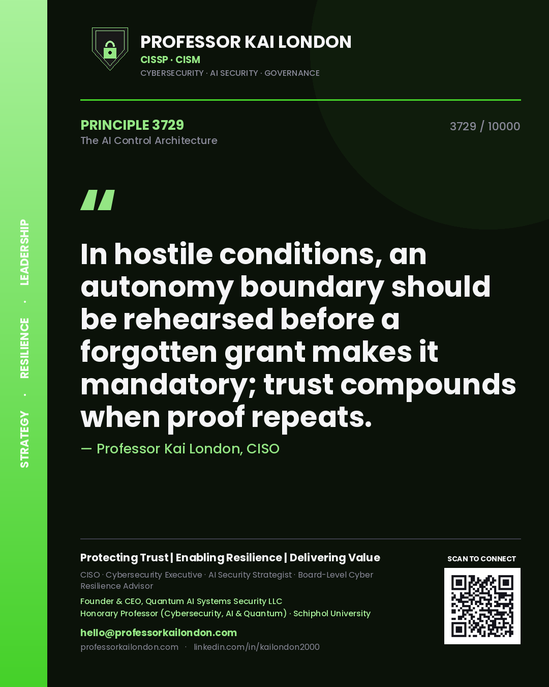 Quote card by Professor Kai London reading 'In hostile conditions, an autonomy boundary should be rehearsed before a forgotten grant makes it mandatory; trust compounds when proof repeats.'. From the book The AI Control Architecture.