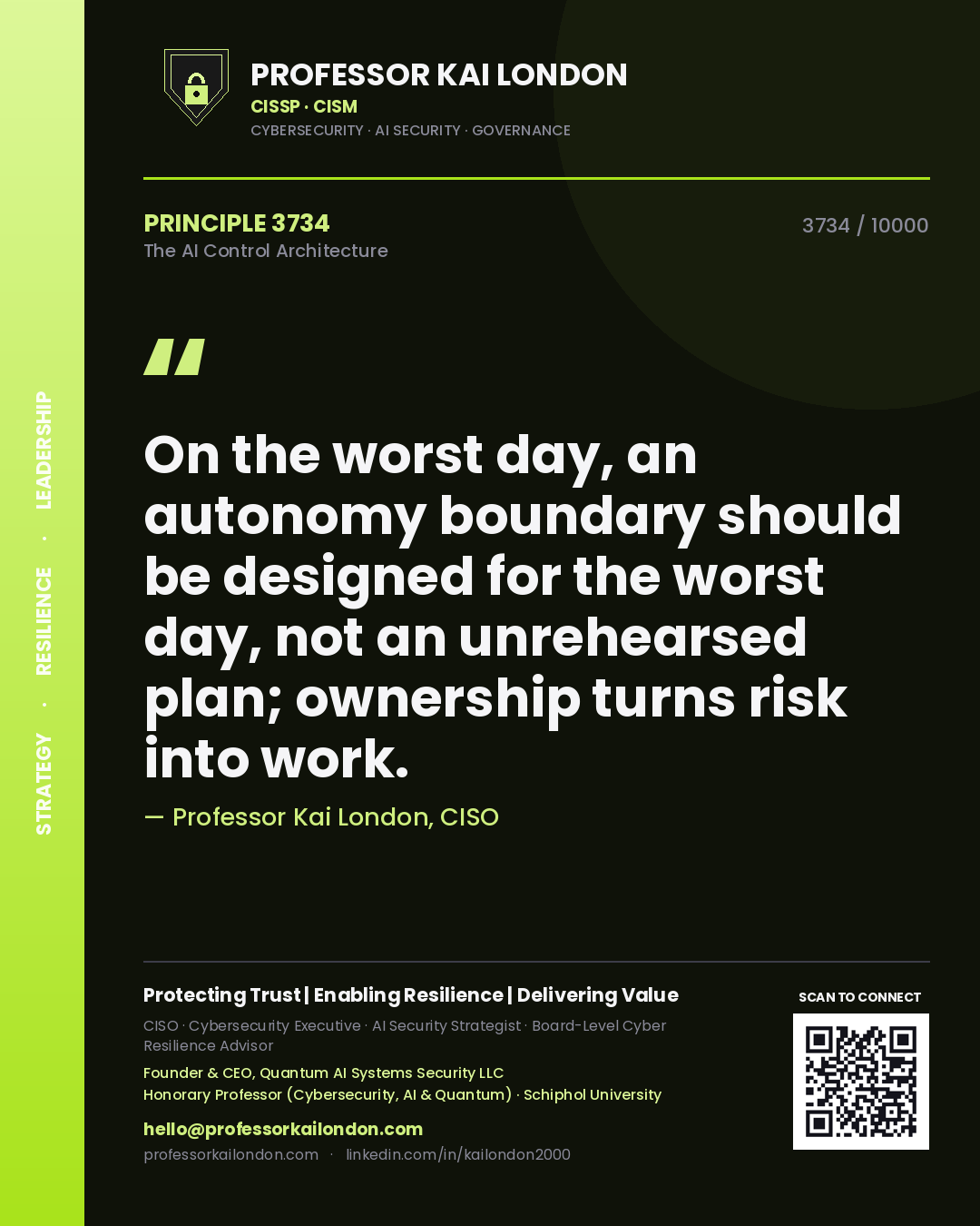 Professor Kai London principle 3734: On the worst day, an autonomy boundary should be designed for the worst day, not an unrehearsed plan; ownership turns risk into work.