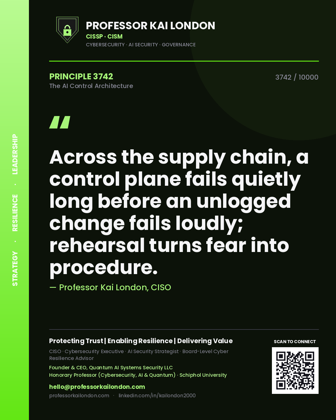 Quote card by Professor Kai London reading 'Across the supply chain, a control plane fails quietly long before an unlogged change fails loudly; rehearsal turns fear into procedure.'. From the book The AI Control Architecture.