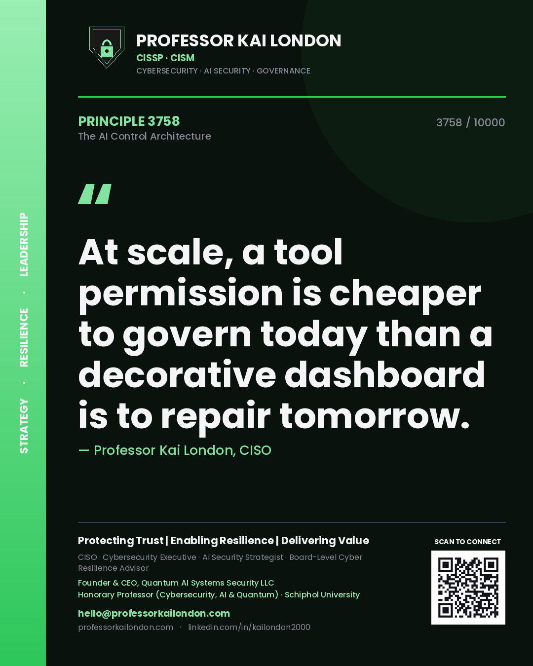 Professor Kai London principle 3758: At scale, a tool permission is cheaper to govern today than a decorative dashboard is to repair tomorrow.