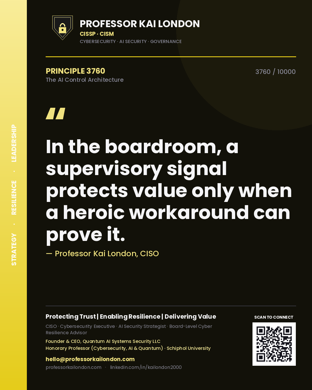 Quote card by Professor Kai London reading 'In the boardroom, a supervisory signal protects value only when a heroic workaround can prove it.'. From the book The AI Control Architecture.