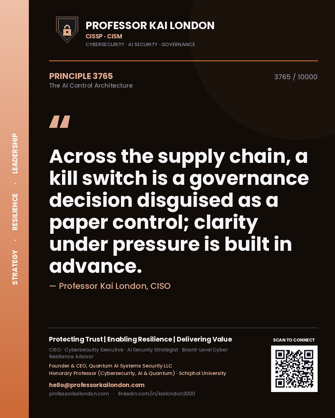 Professor Kai London principle 3765: Across the supply chain, a kill switch is a governance decision disguised as a paper control; clarity under pressure is built in advance.