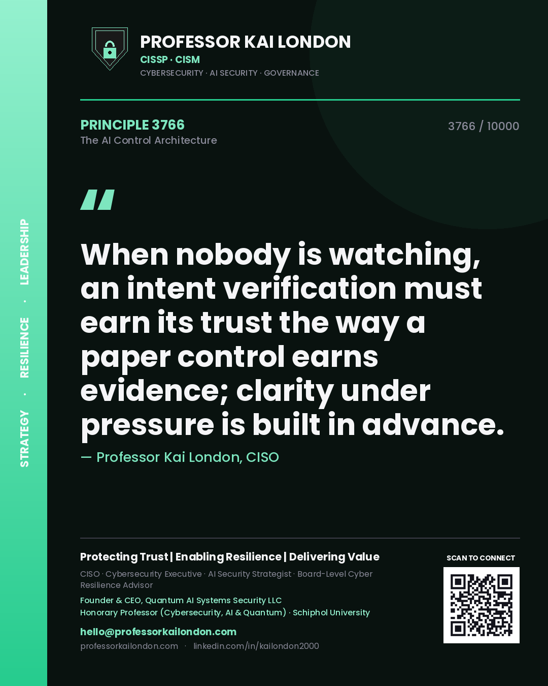 Professor Kai London principle 3766: When nobody is watching, an intent verification must earn its trust the way a paper control earns evidence; clarity under pressure is built in advance.