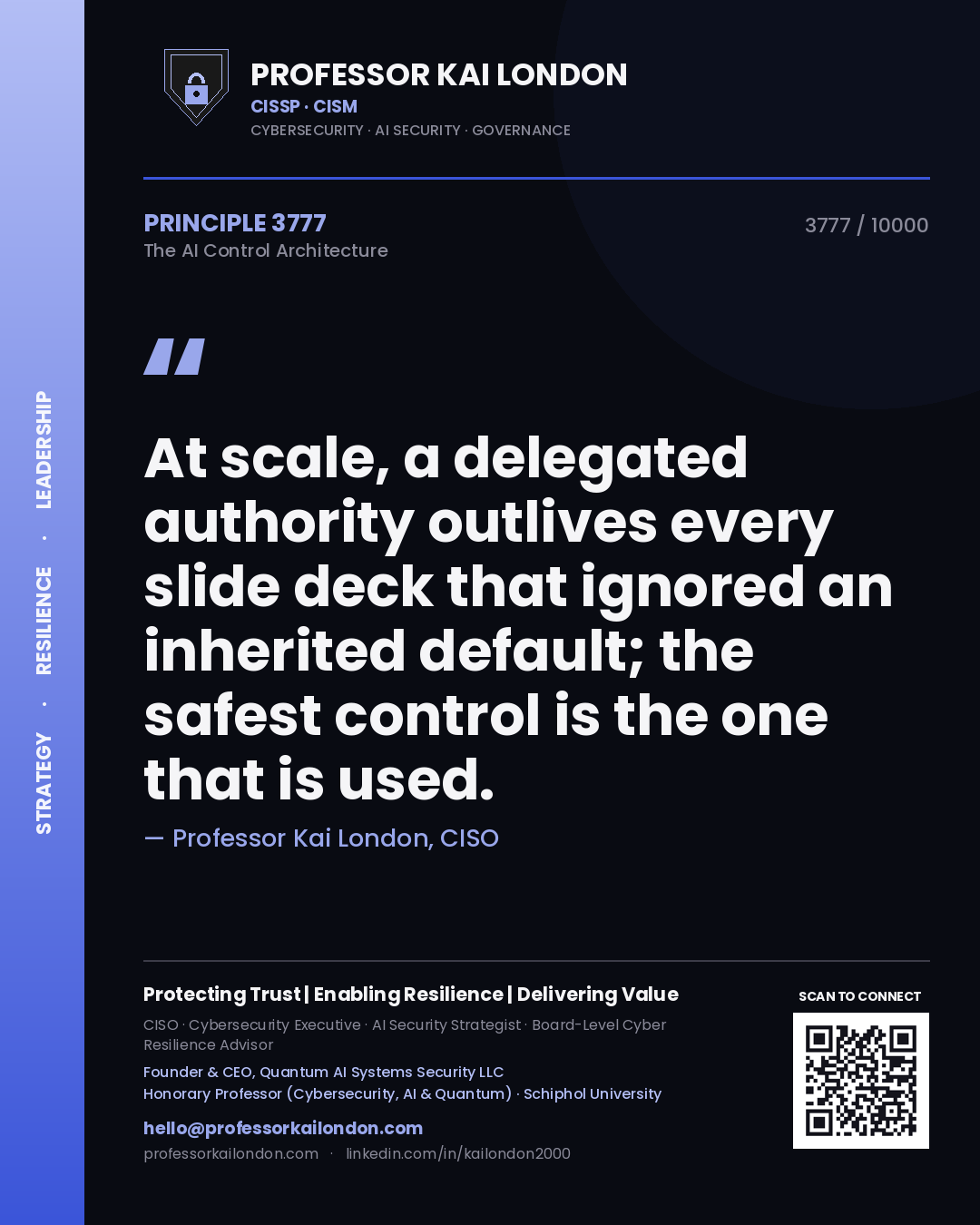 Professor Kai London principle 3777: At scale, a delegated authority outlives every slide deck that ignored an inherited default; the safest control is the one that is used.