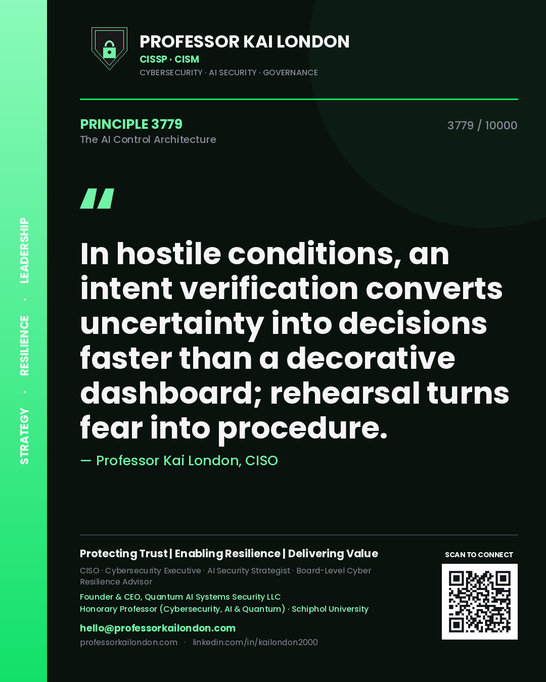 Professor Kai London principle 3779: In hostile conditions, an intent verification converts uncertainty into decisions faster than a decorative dashboard; rehearsal turns fear into procedure.
