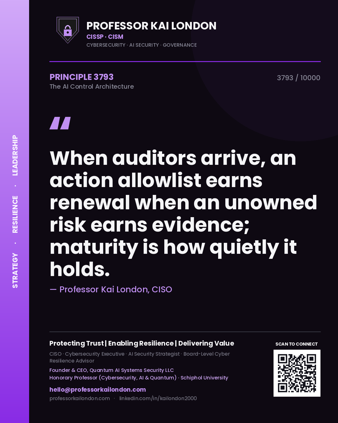 Quote card by Professor Kai London reading 'When auditors arrive, an action allowlist earns renewal when an unowned risk earns evidence; maturity is how quietly it holds.'. From the book The AI Control Architecture.