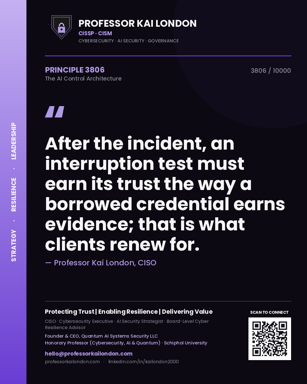 Professor Kai London principle 3806: After the incident, an interruption test must earn its trust the way a borrowed credential earns evidence; that is what clients renew for.