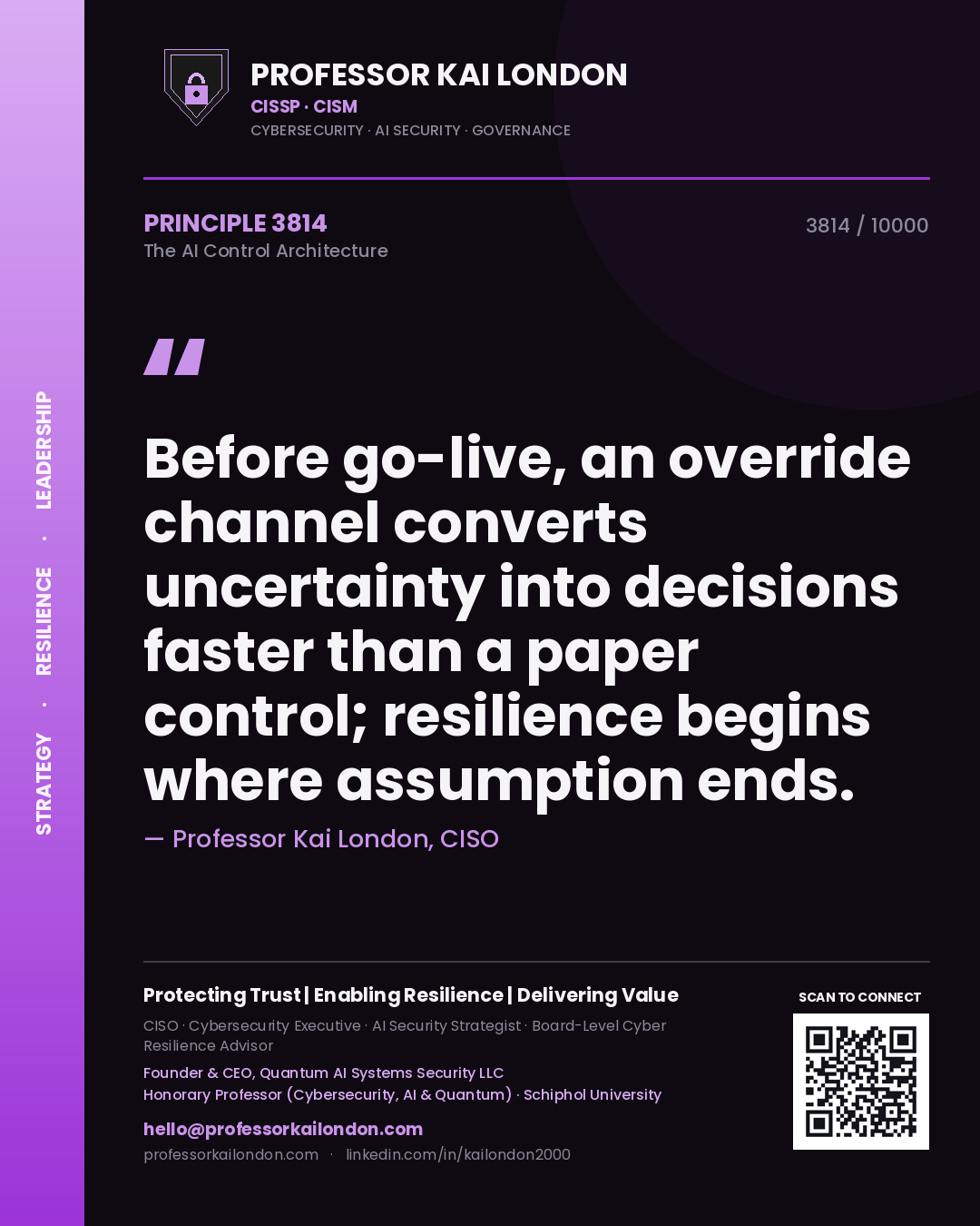 Quote card by Professor Kai London reading 'Before go-live, an override channel converts uncertainty into decisions faster than a paper control; resilience begins where assumption ends.'. From the book The AI Control Architecture.