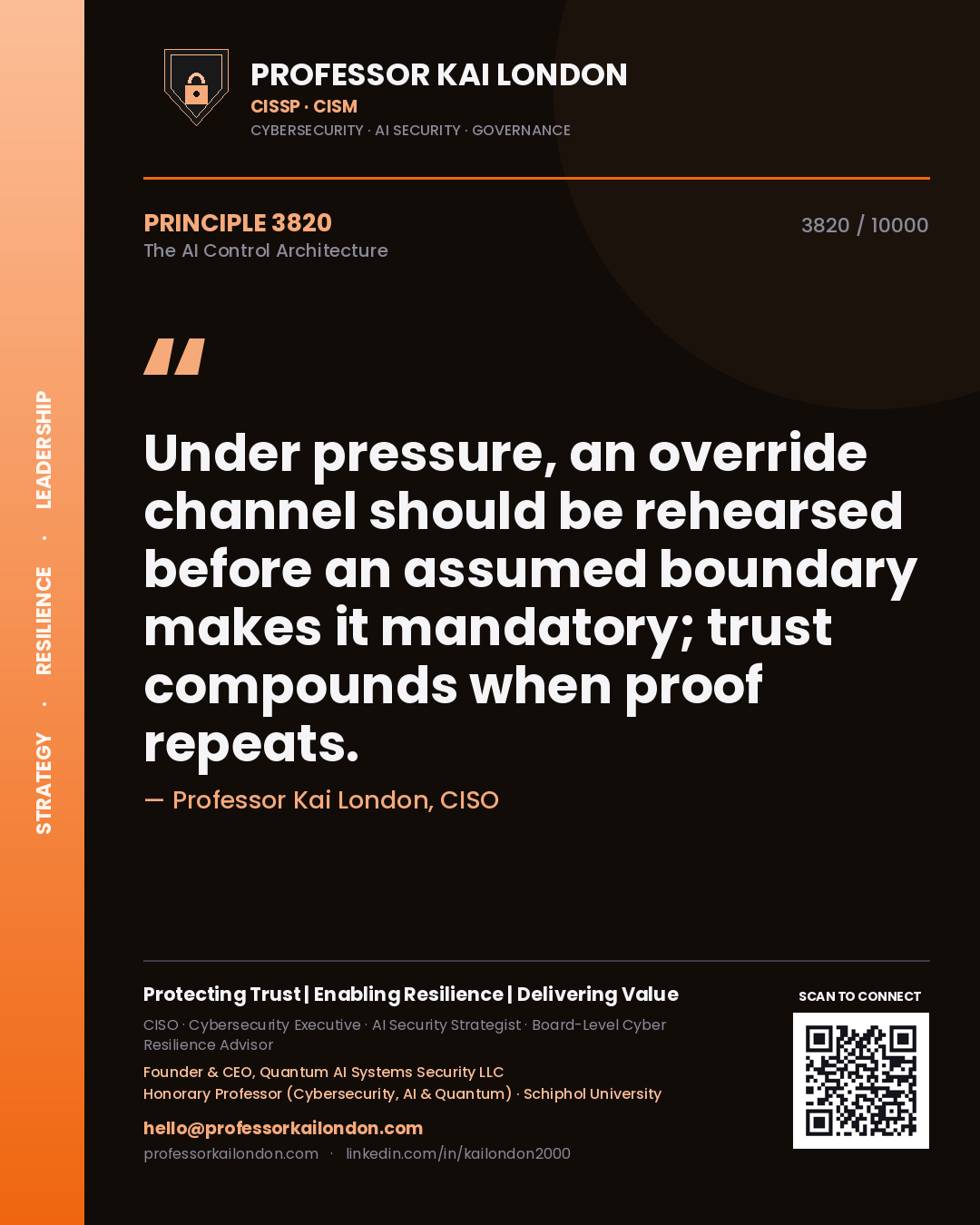 Professor Kai London principle 3820: Under pressure, an override channel should be rehearsed before an assumed boundary makes it mandatory; trust compounds when proof repeats.