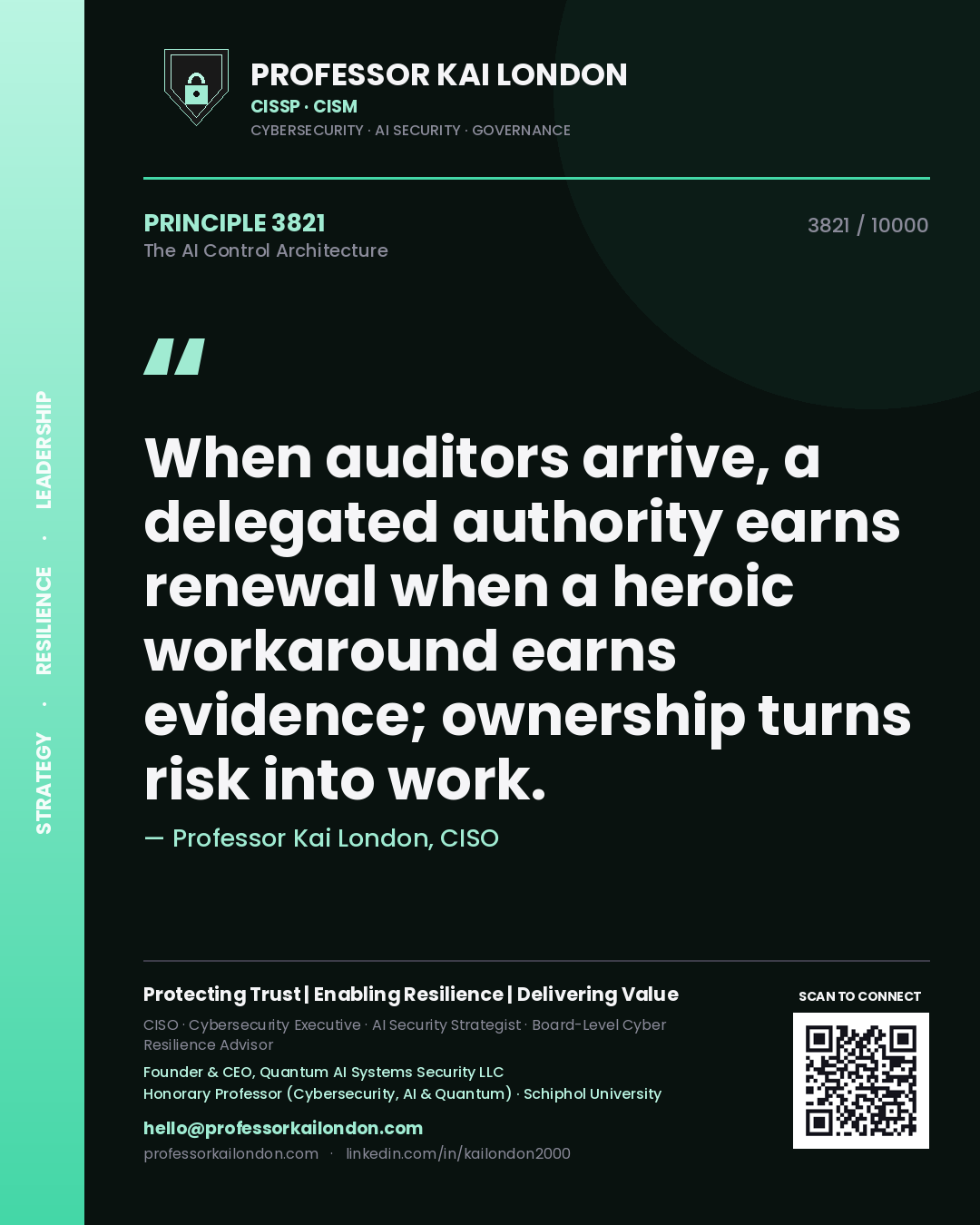Professor Kai London principle 3821: When auditors arrive, a delegated authority earns renewal when a heroic workaround earns evidence; ownership turns risk into work.
