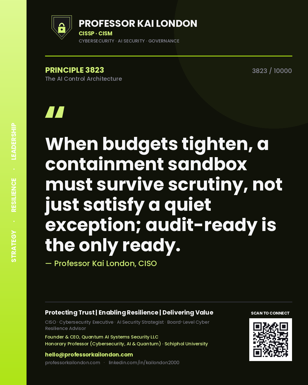 Professor Kai London principle 3823: When budgets tighten, a containment sandbox must survive scrutiny, not just satisfy a quiet exception; audit-ready is the only ready.