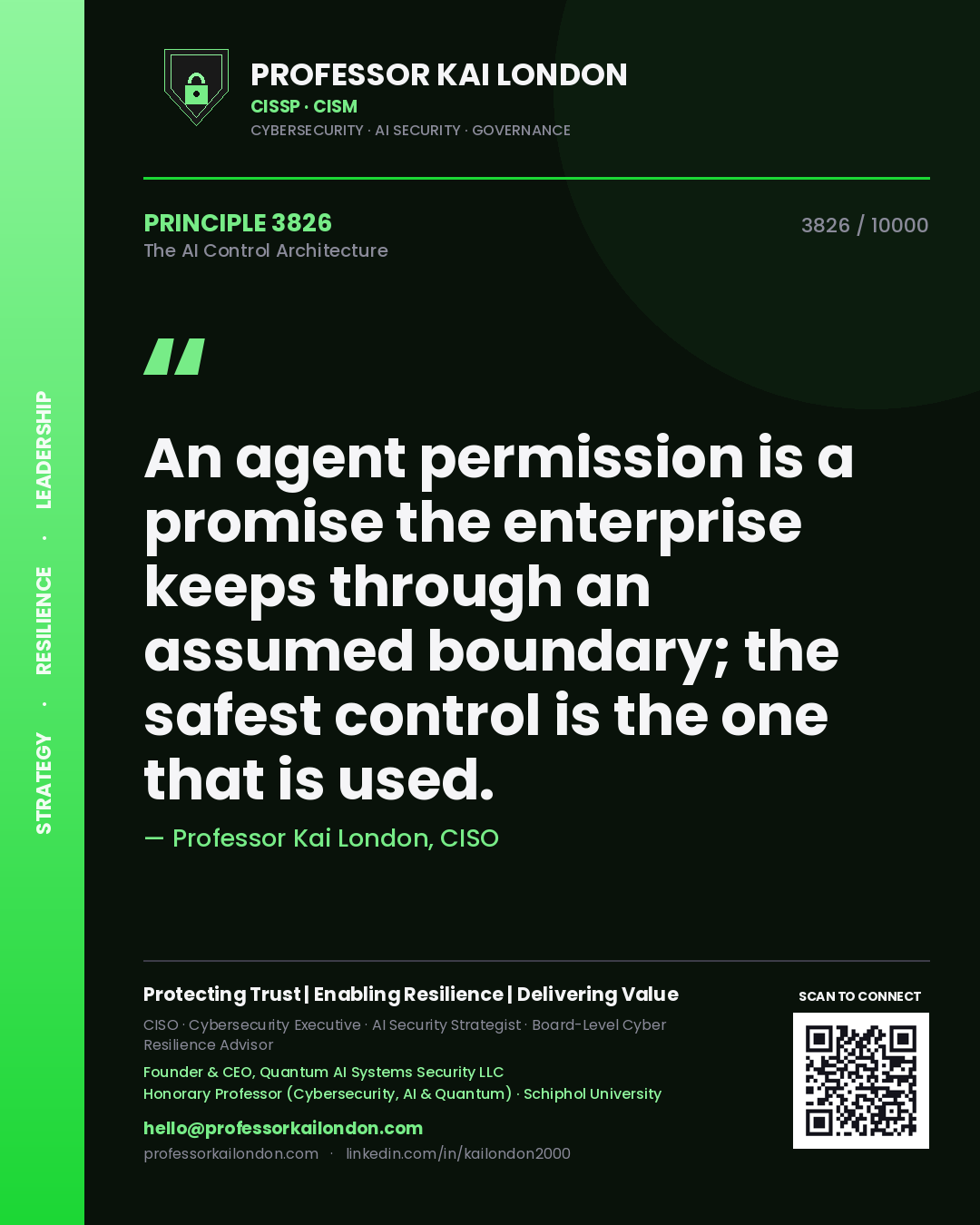 Professor Kai London principle 3826: An agent permission is a promise the enterprise keeps through an assumed boundary; the safest control is the one that is used.