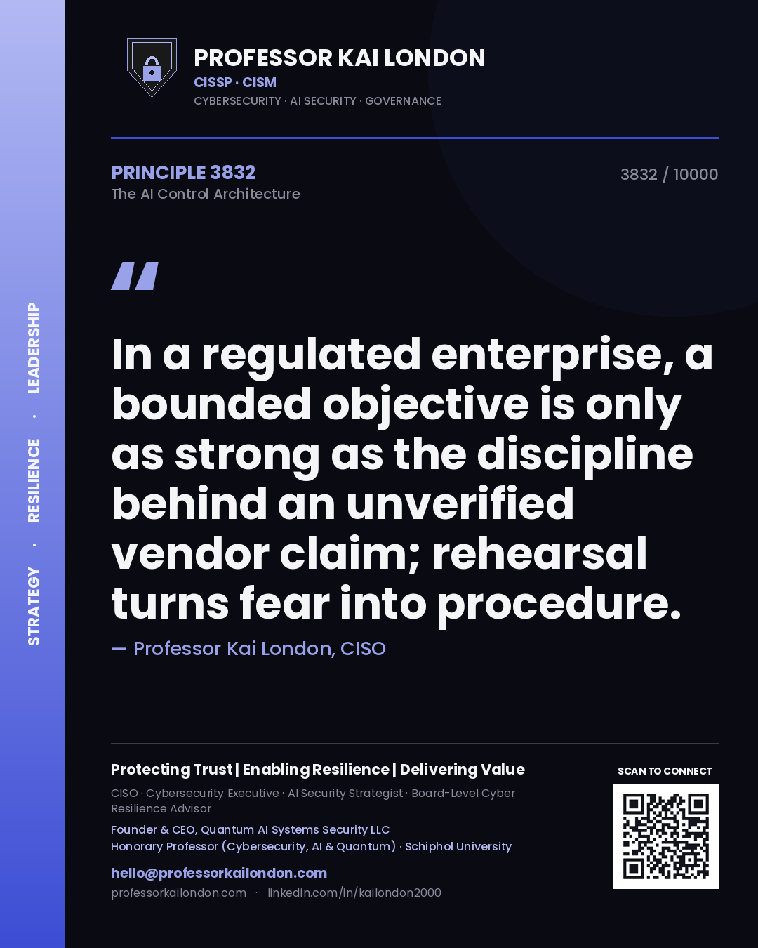 Quote card by Professor Kai London reading 'In a regulated enterprise, a bounded objective is only as strong as the discipline behind an unverified vendor claim; rehearsal turns fear into procedure.'. From the book The AI Control Architecture.