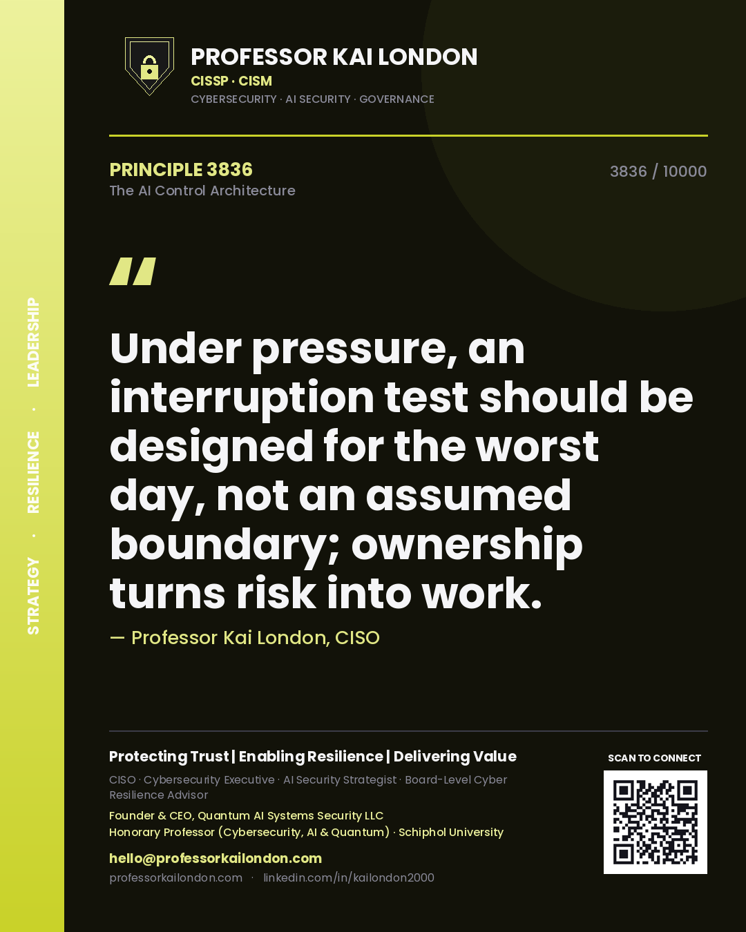 Professor Kai London principle 3836: Under pressure, an interruption test should be designed for the worst day, not an assumed boundary; ownership turns risk into work.