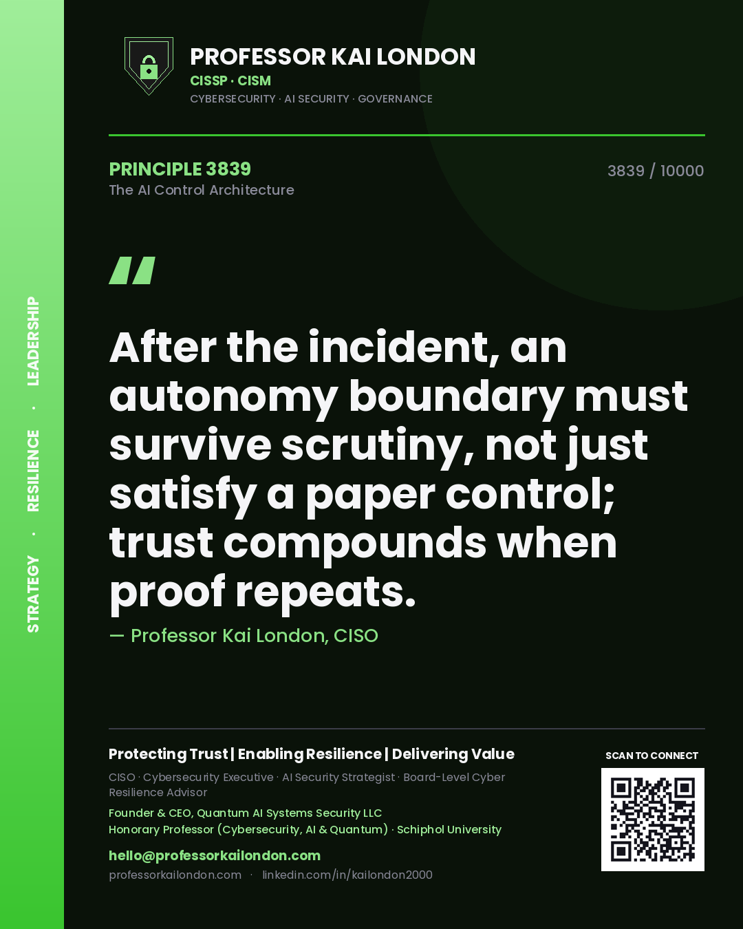 Professor Kai London principle 3839: After the incident, an autonomy boundary must survive scrutiny, not just satisfy a paper control; trust compounds when proof repeats.
