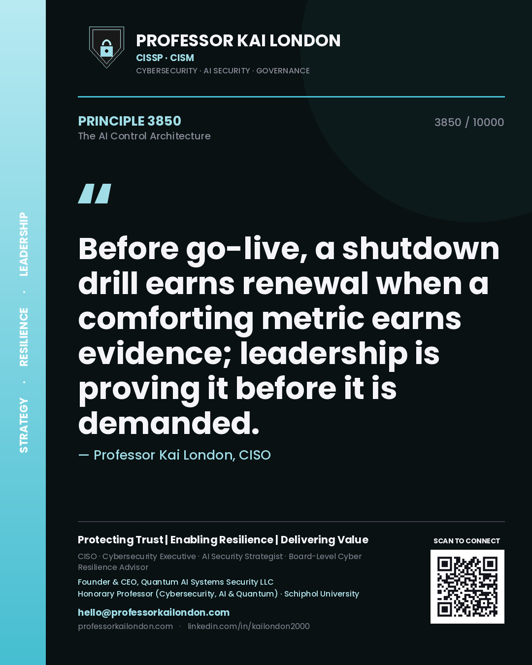 Professor Kai London principle 3850: Before go-live, a shutdown drill earns renewal when a comforting metric earns evidence; leadership is proving it before it is demanded.