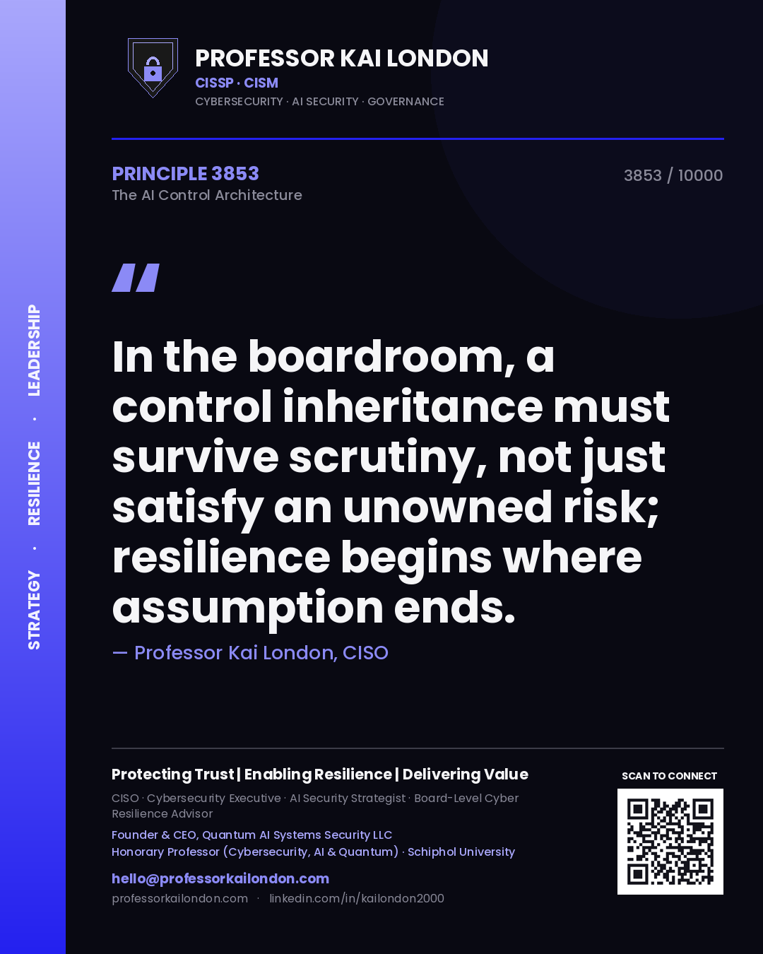 Quote card by Professor Kai London reading 'In the boardroom, a control inheritance must survive scrutiny, not just satisfy an unowned risk; resilience begins where assumption ends.'. From the book The AI Control Architecture.