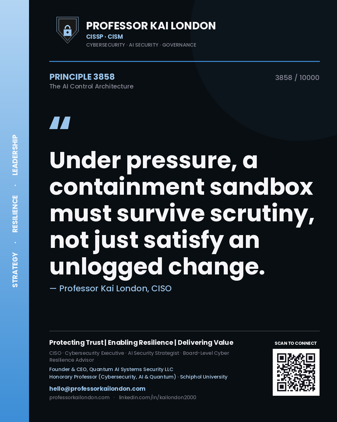 Professor Kai London principle 3858: Under pressure, a containment sandbox must survive scrutiny, not just satisfy an unlogged change.