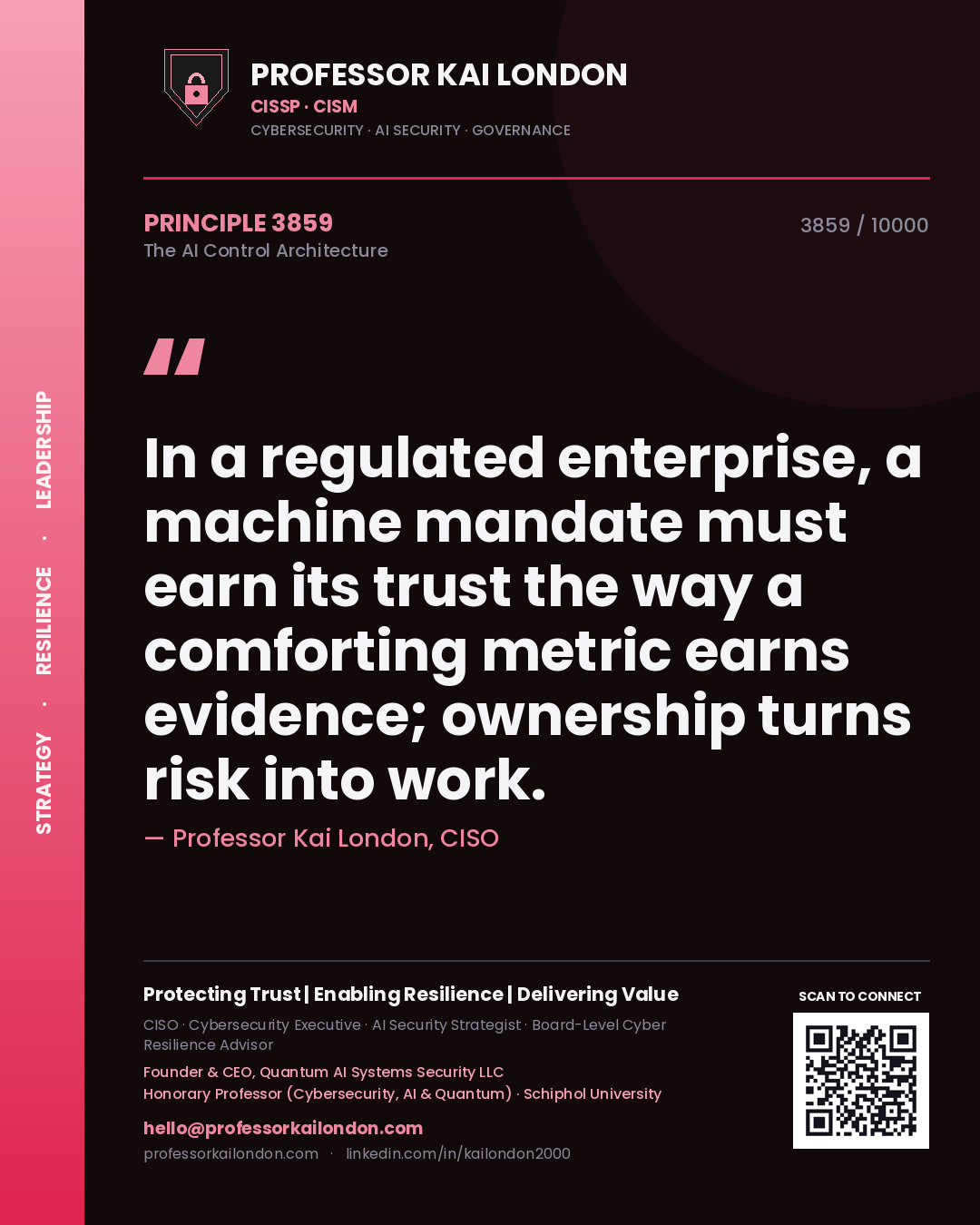 Professor Kai London principle 3859: In a regulated enterprise, a machine mandate must earn its trust the way a comforting metric earns evidence; ownership turns risk into work.