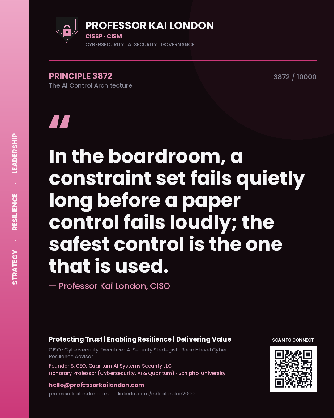 Quote card by Professor Kai London reading 'In the boardroom, a constraint set fails quietly long before a paper control fails loudly; the safest control is the one that is used.'. From the book The AI Control Architecture.