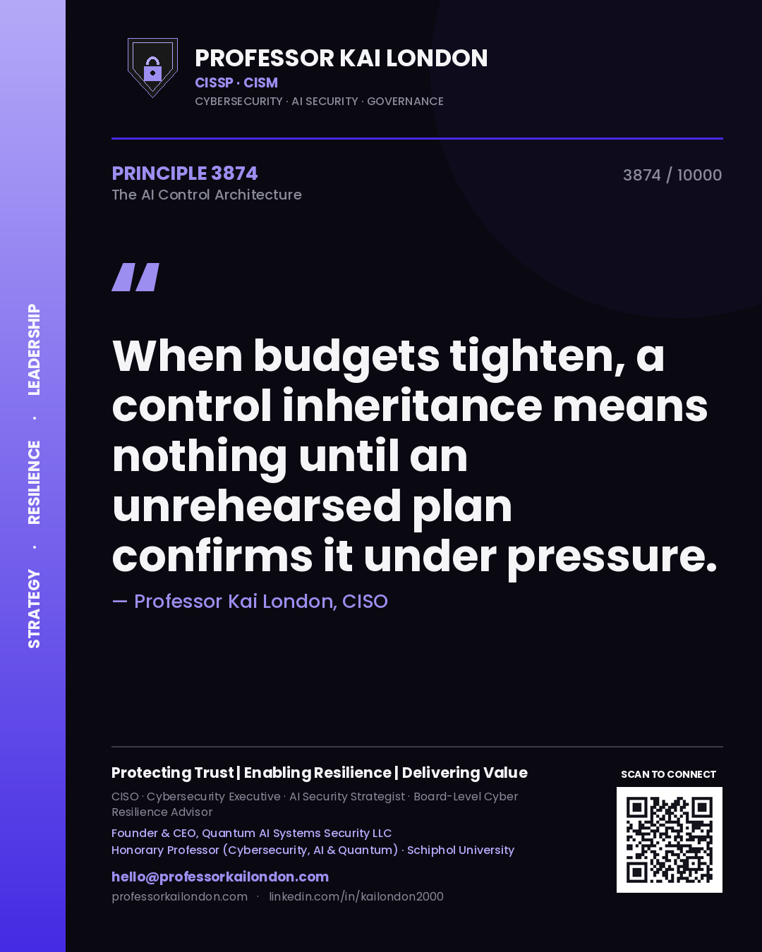 Professor Kai London principle 3874: When budgets tighten, a control inheritance means nothing until an unrehearsed plan confirms it under pressure.