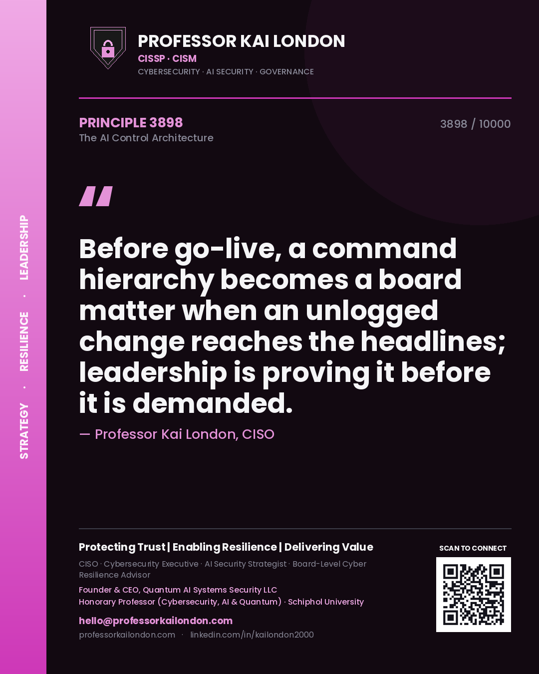 Professor Kai London principle 3898: Before go-live, a command hierarchy becomes a board matter when an unlogged change reaches the headlines; leadership is proving it before it is demanded.