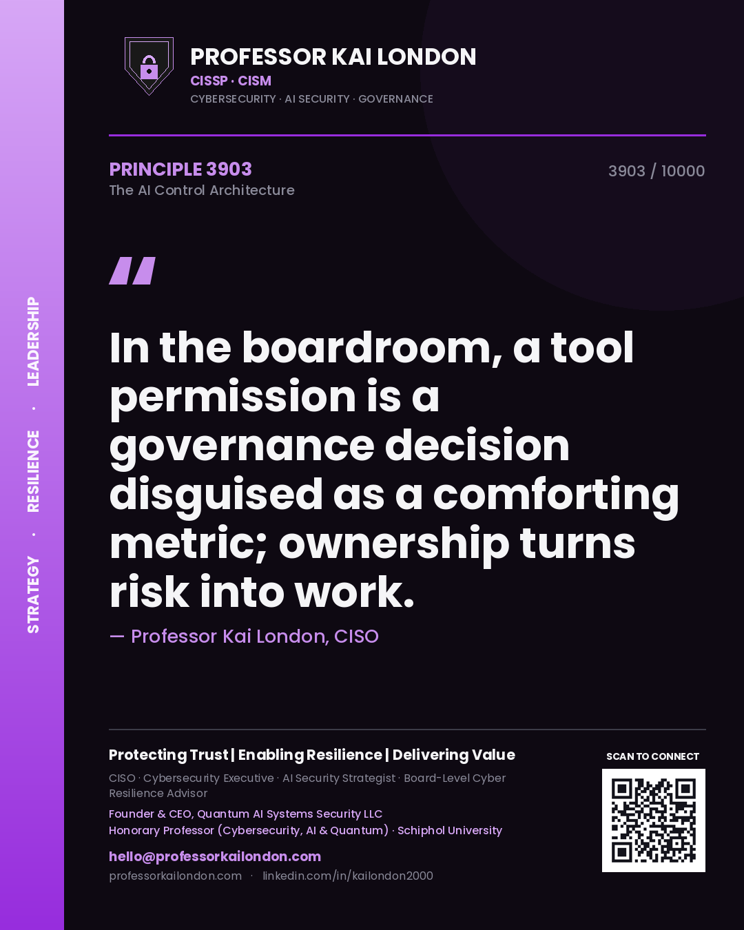 Professor Kai London principle 3903: In the boardroom, a tool permission is a governance decision disguised as a comforting metric; ownership turns risk into work.