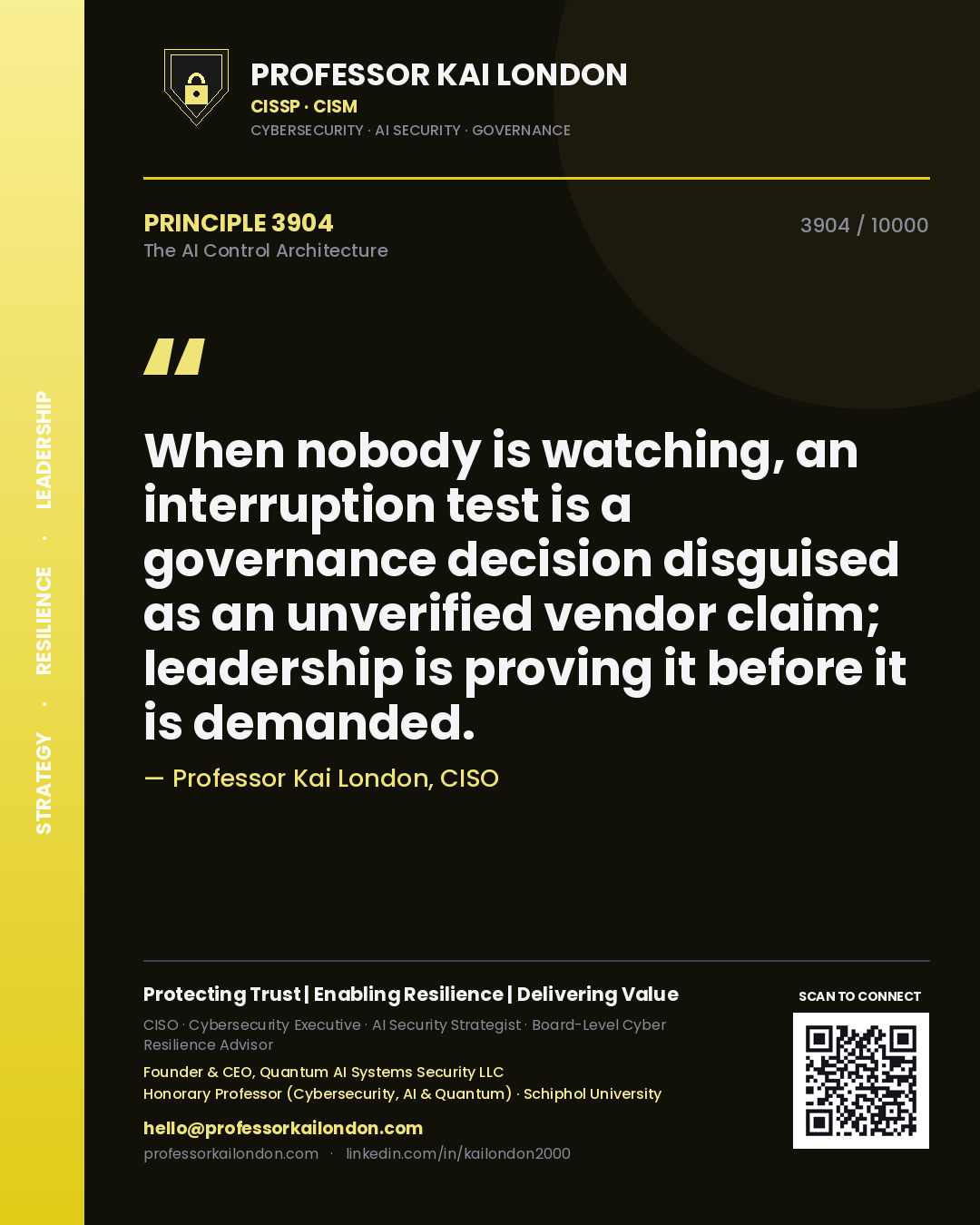 Quote card by Professor Kai London reading 'When nobody is watching, an interruption test is a governance decision disguised as an unverified vendor claim; leadership is proving it before it is demanded.'. From the book The AI Control Architecture.