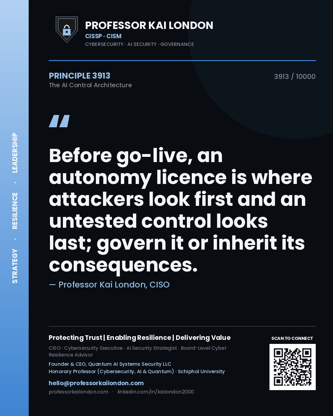 Professor Kai London principle 3913: Before go-live, an autonomy licence is where attackers look first and an untested control looks last; govern it or inherit its consequences.