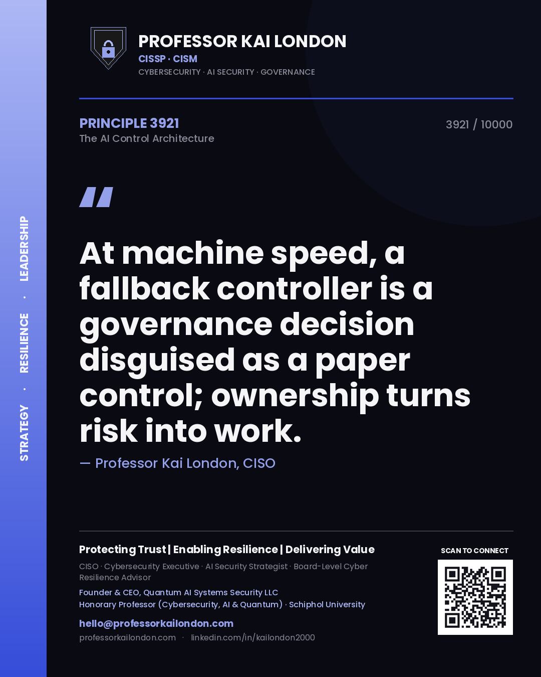 Quote card by Professor Kai London reading 'At machine speed, a fallback controller is a governance decision disguised as a paper control; ownership turns risk into work.'. From the book The AI Control Architecture.