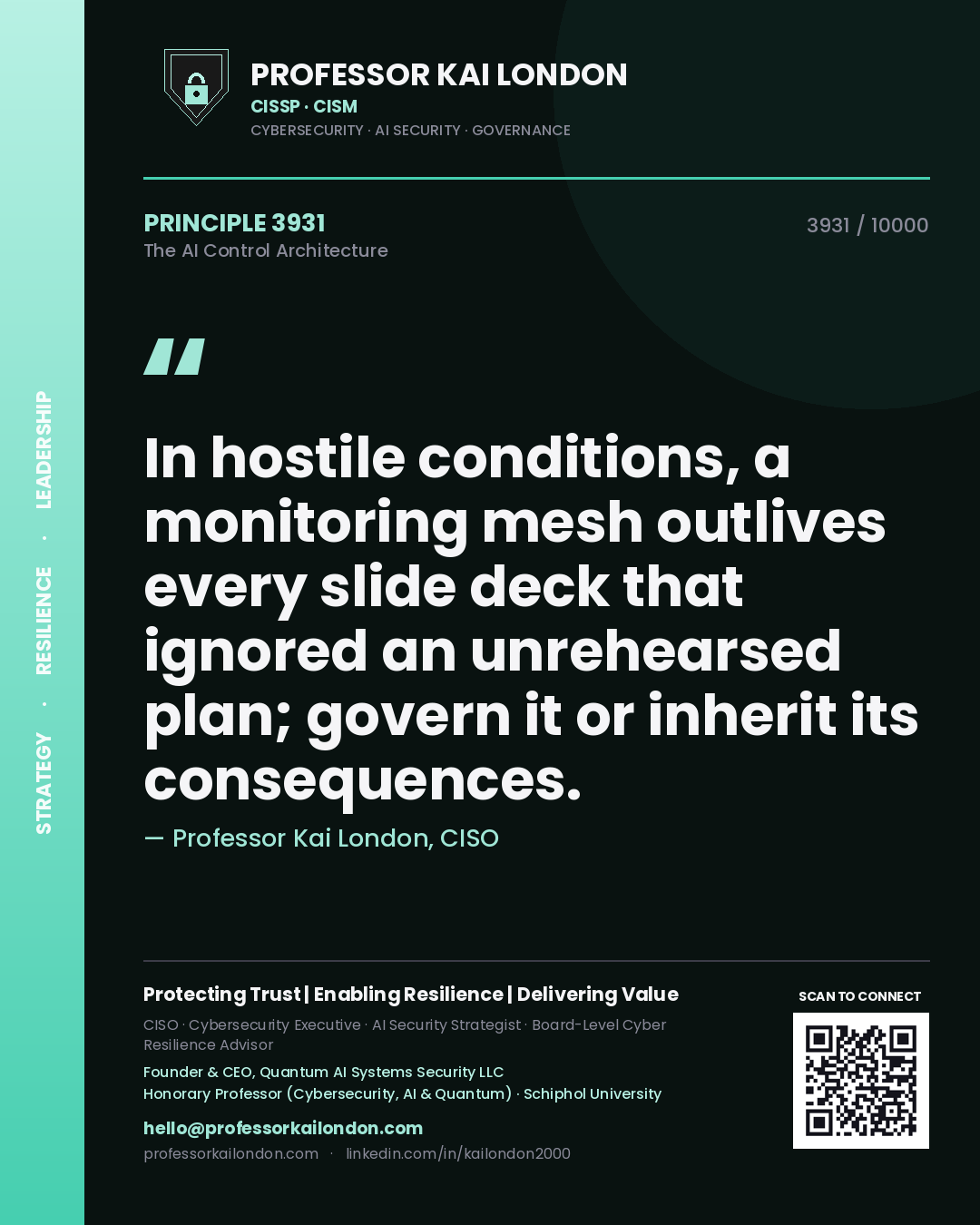 Professor Kai London principle 3931: In hostile conditions, a monitoring mesh outlives every slide deck that ignored an unrehearsed plan; govern it or inherit its consequences.