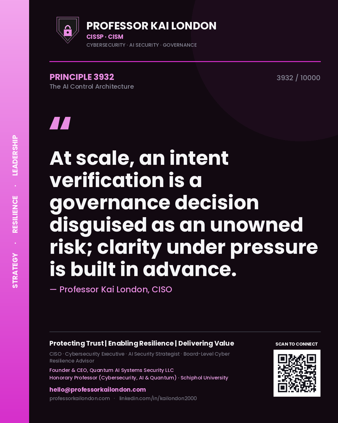Quote card by Professor Kai London reading 'At scale, an intent verification is a governance decision disguised as an unowned risk; clarity under pressure is built in advance.'. From the book The AI Control Architecture.