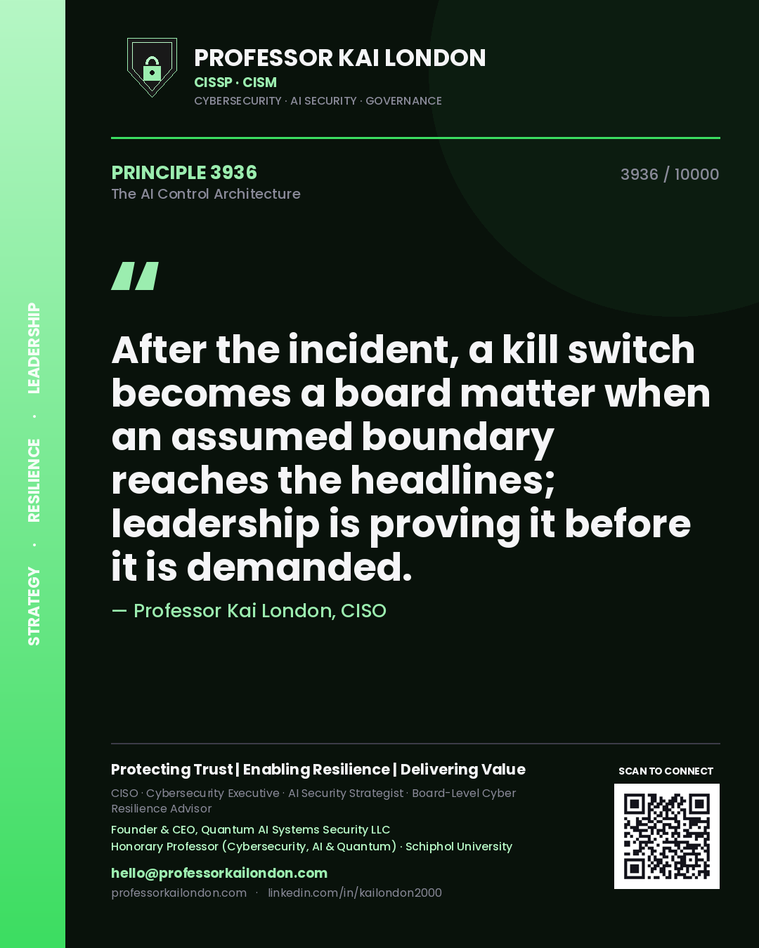 Quote card by Professor Kai London reading 'After the incident, a kill switch becomes a board matter when an assumed boundary reaches the headlines; leadership is proving it before it is demanded.'. From the book The AI Control Architecture.