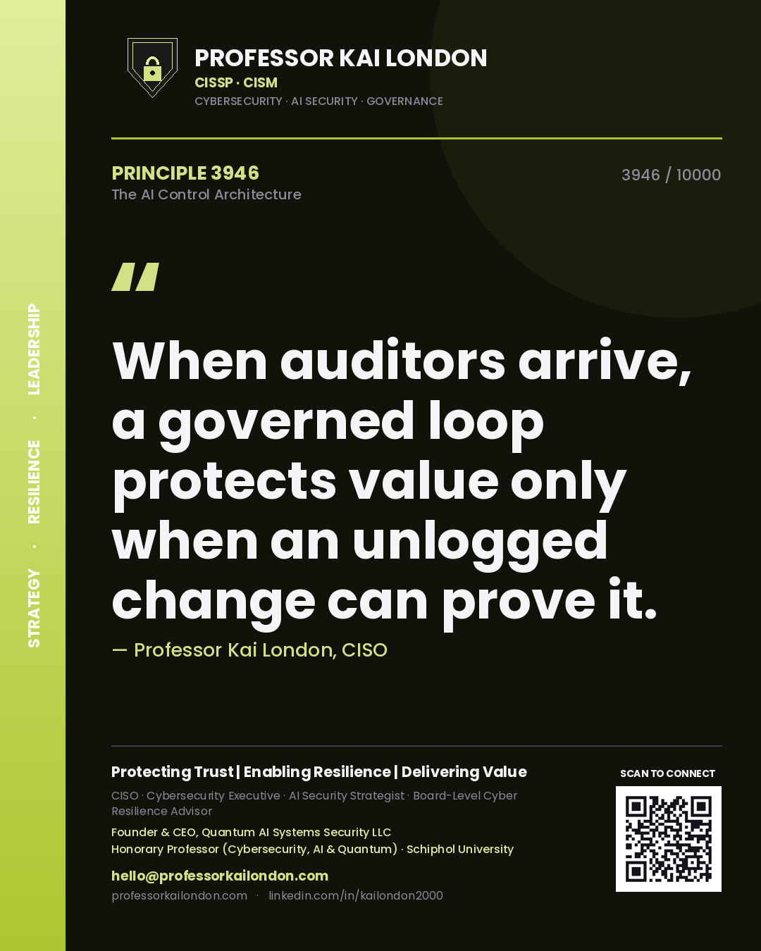 Quote card by Professor Kai London reading 'When auditors arrive, a governed loop protects value only when an unlogged change can prove it.'. From the book The AI Control Architecture.