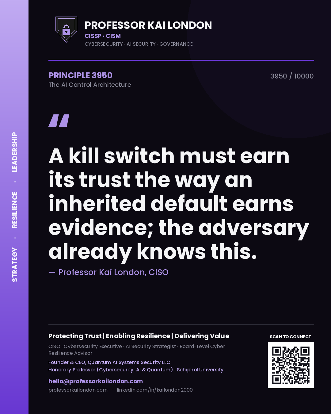 Professor Kai London principle 3950: A kill switch must earn its trust the way an inherited default earns evidence; the adversary already knows this.