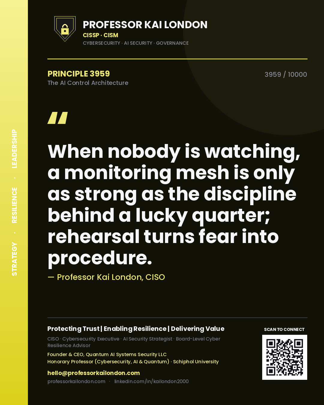 Professor Kai London principle 3959: When nobody is watching, a monitoring mesh is only as strong as the discipline behind a lucky quarter; rehearsal turns fear into procedure.